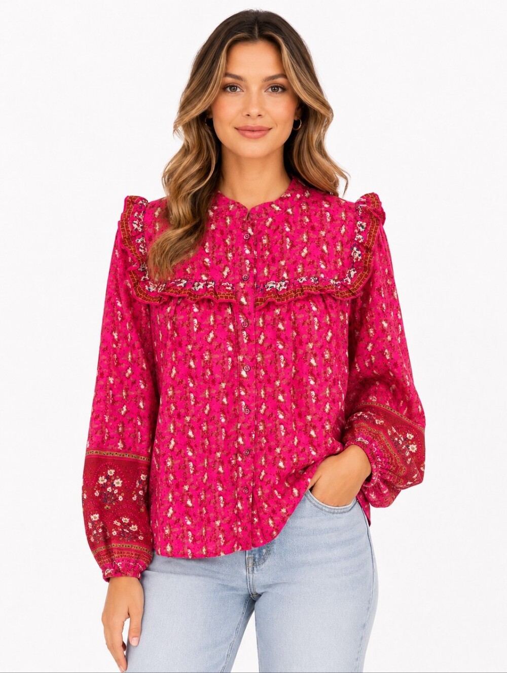 Joie Pink Floral Ruffle Button Front Cotton Blouse Top Medium Boho